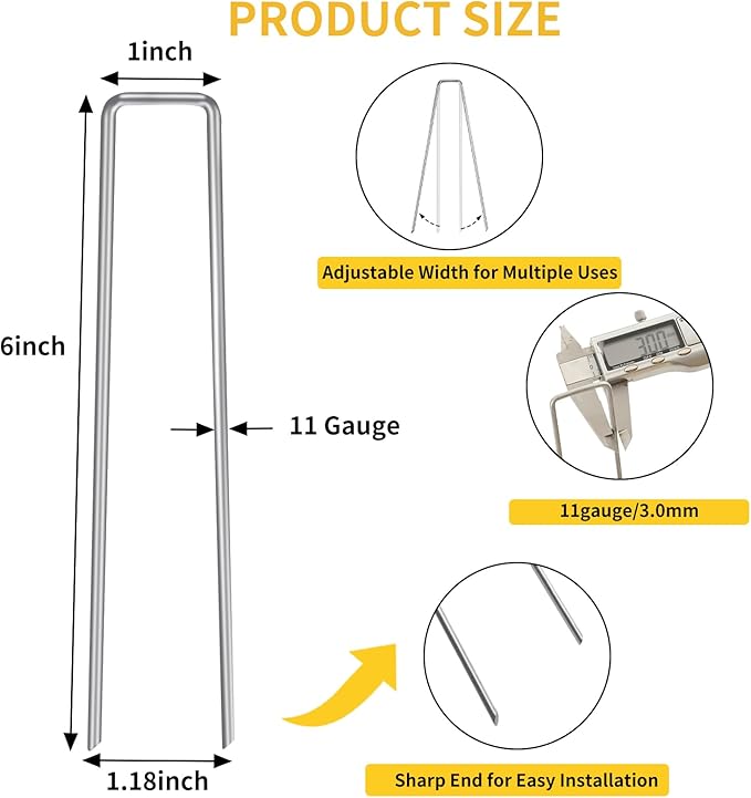 HongWay 100 Pack 6 Inch Landscape Staples Garden Stakes, Garden Staples 11 Gauge Galvanized U-Shaped Pins, Ground Fence Stakes Yard Lawn Staples for Securing Landscaping Fabric Irrigation Tubing