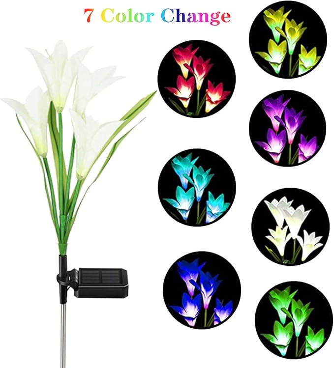Solar Flowers - 5 Pack Lily Lights, 20 Flowers Lilies Outdoor Waterproof, Color Changing Garden Lights for Lawn, Yard Decoration