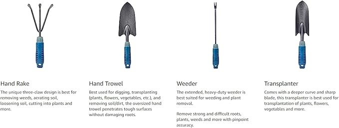 4 Piece Garden Tool Set Heavy Duty, Gardening Hand Tools Work No-Slip Grip Trowel Transplanter Weeder Hand Rake, Ergonomic Handle Indoor Outdoor