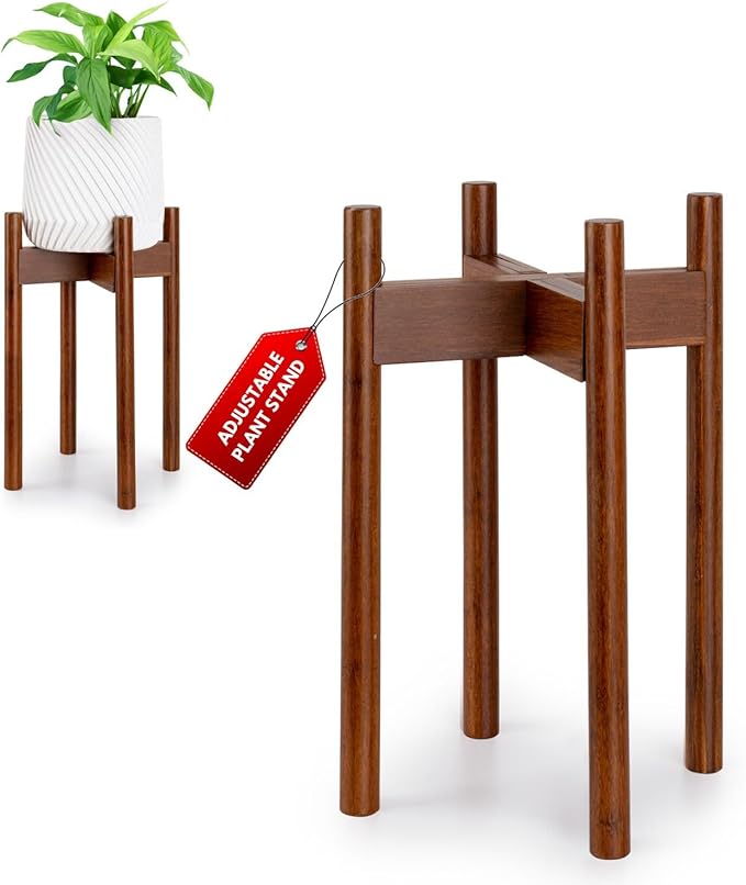 Fox & Fern Adjustable Tall Plant Stand Indoor — 8 to 12 Inch Mid Century Bamboo Plant Stand with Adjustable Width; Plug In Design; Easy to Assemble; Two Height Options - For 8, 9, 10, 11 & 12 In Pots
