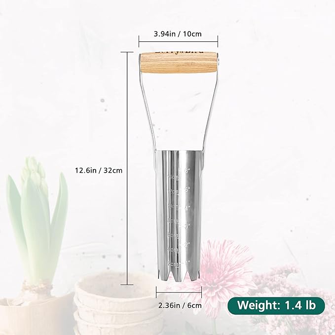 Berry&Bird Garden Bulb Planter with 6 inches Depth Mark, Garden Bulb Transplanter Tool with Wooden Handle, Stainless Steel Soil Release Tool for Transplanting Digging Planting Flowers