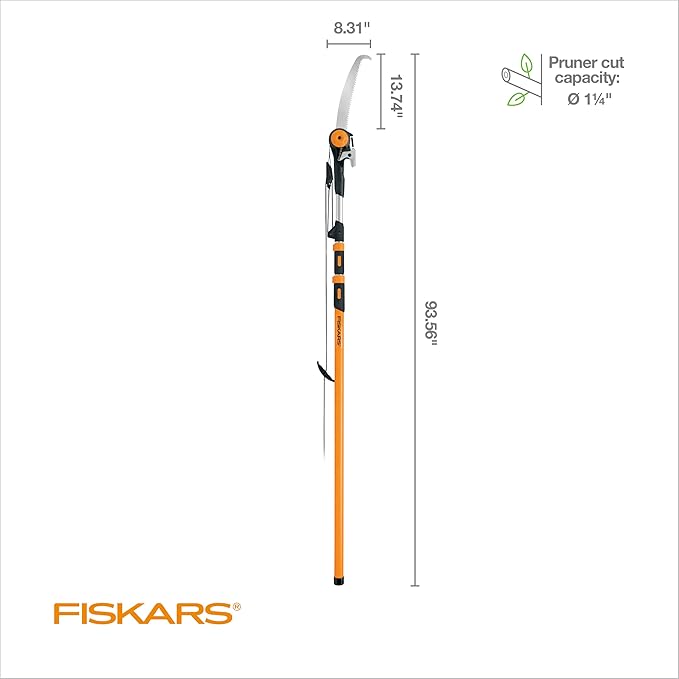 Fiskars 7-16 ft. Extendable 2-in-1 Pruner and Pole Saw For Tree Trimming, Tree Trimmer with Chain-Drive for Cutting Branches up to 1.25" Diameter with More Power, Garden Tools