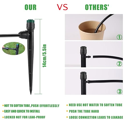 Drip Irrigation Emitters Sprayers for 1/4" Tubing, Adjustable 360 Degree Water Flow Sprayer on 5.5" Arrow Stake,with 1/4" Locked Tee for Watering System(10Pcs Sprayers and 10Pcs Tee)