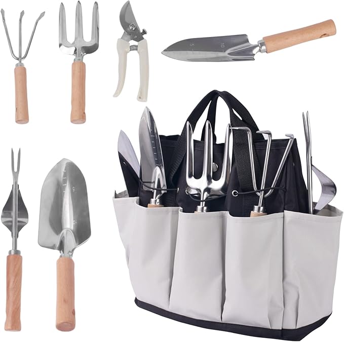 Garden Tool Set, Stainless Steel Gardening Kit, with Large Capacity Garden Tool Bag, Outdoor Hand Tools, Black Grey Garden Tool Kit for Women and Men