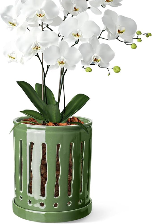6 Inch Ceramic Orchid Pot with Large Slotted Holes, Orchid Planter for Enhanced Air Circulation, Orchid Pots with Drainage Tray, Patina