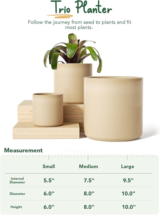 LE TAUCI Large Plant Pots Set, 10/8/6 Inch Ceramic Planters for Indoor Plants, Mid-Century Modern Planter Pots with Drainage Hole and Plug, Round Planter Pots, Set of 3, Reactive Glaze Cloud Cream