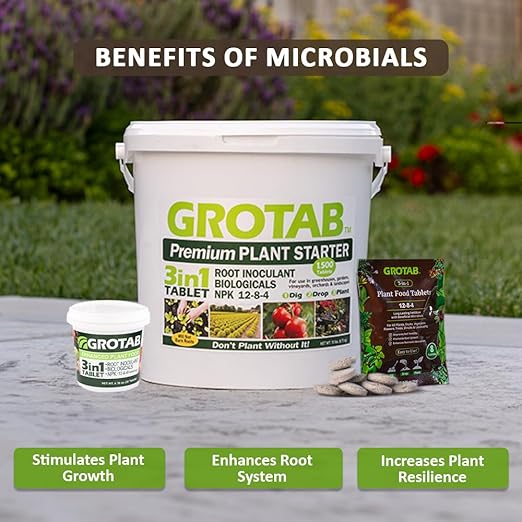 GROTAB 3-in-1 Plant Food Tablets 30 Tabs Natural 12-8-4 Plant Fertilizer Outdoor Indoor All-Purpose Flower Garden Vegetable Orchard Greenhouse Plant Fertilizer with Mycorrhizal Trichoderma Microbials