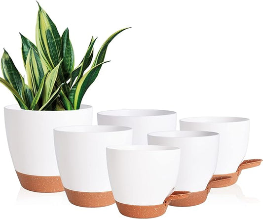 Flower Pots, 8/7/6.5/6/5.5/5 Inch Self Watering Planters for Indoor Outdoor Plants with Drainage Hole, Plastic Planters for House Plants(White)
