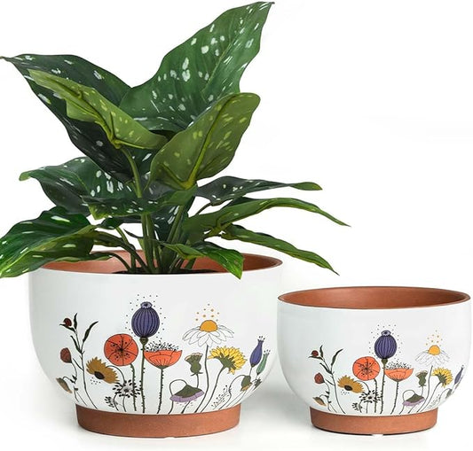 YBX 8 Inch & 6 Inch Terracotta Pots, Plant Pots Indoor, Flower Pots for Indoor Plants with Drainage, Planters with Floral Accent for Indoor Plants (French Country)