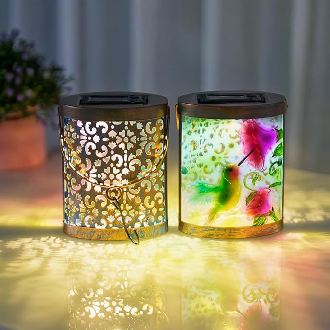 2 Pack Hummingbird Hanging Solar Lanterns Outdoor Waterproof, Tabletop Lamp Glass Solar Lantern for Patio Garden