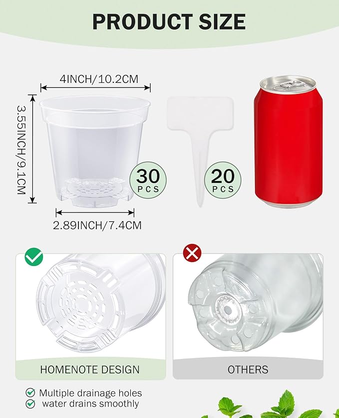 homenote Clear Nursery Pots for Plants,4 Inch Plant Pot for Planting Plastic Seedling with Drainage Holes Seed Starter Flower High Transparency with 20 Labels (30 Pack)