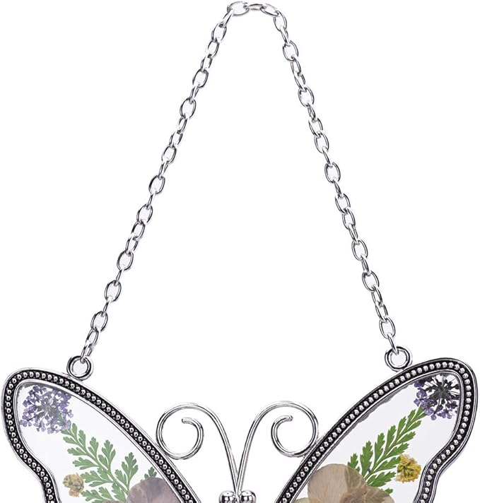 Laraine Butterfly Suncatcher with Pressed Colourful Flower Wings Mom Mother's Day Butterfly Glass Wind Chime Ornament Charm with Metal Heart Gifts for Mom Grandma Birthday (Yellow Grandma)