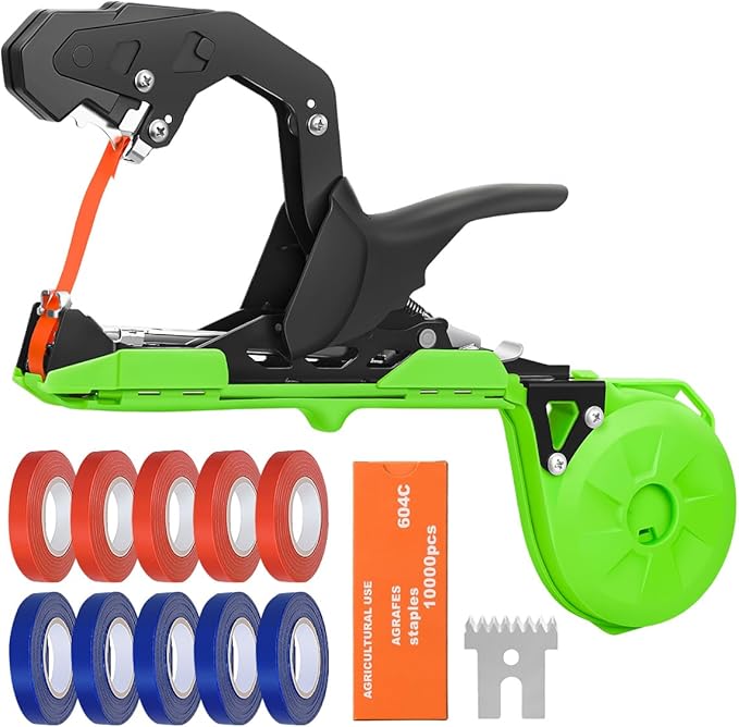 FUNTECK Professional Plant Tying Machine to Bind Tomatoes and Grapes Effortless Garden Tape Tool for Gardeners Farmers, Including Spare SK5 Blade, Garden Tapes and Staples, Green/Black