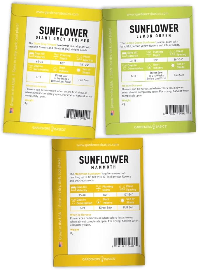 Gardeners Basics, Sunflower Seeds for Planting Flowers (5 Pack Mix) - Velvet Queen, Dwarf Sunspot, Lemon Queen, Giant and Mammoth Bulk Mix of Regular Sunflower Seeds for Outdoor Flower Garden
