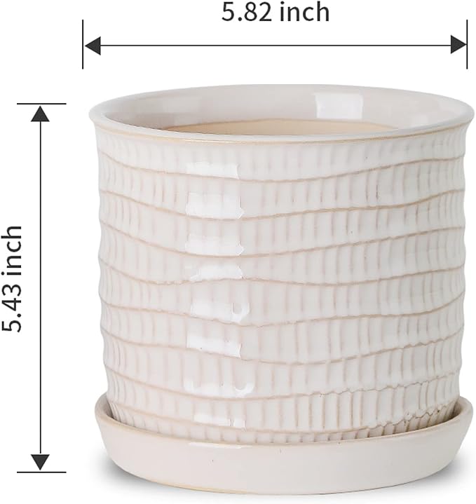 6 Inch Plant Pot: Ceramic Planter with Drainage Hole & Saucer for Indoor Outdoor Plants - Flowerpot with Bonded Tray for Home Office - Wave Embossed