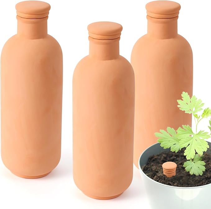 3pcs Ollas 10×3.5×3.5inch Terracotta Watering Pots Self Watering Planter Watering System 30.5oz Plant Watering Globes Clay Watering Pot with lid Terra Cotta Clay Irrigation Globes