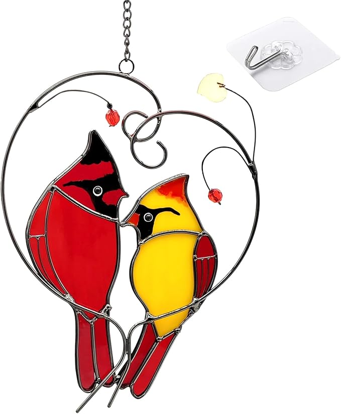 Cardinal Suncatchers Stained Glass for Windows Hangings,Male & Female Cardinal Stained Glass Sun Catchers,Stained Glass Red Love Birds Home Ornament,Gifts for Women
