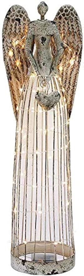 Morning View Vintage Metal Angel Garden Statue with Heart Handbag for Indoor Outdoor Yard Lawn Patio Art Decor with LED Lights String(Style B)