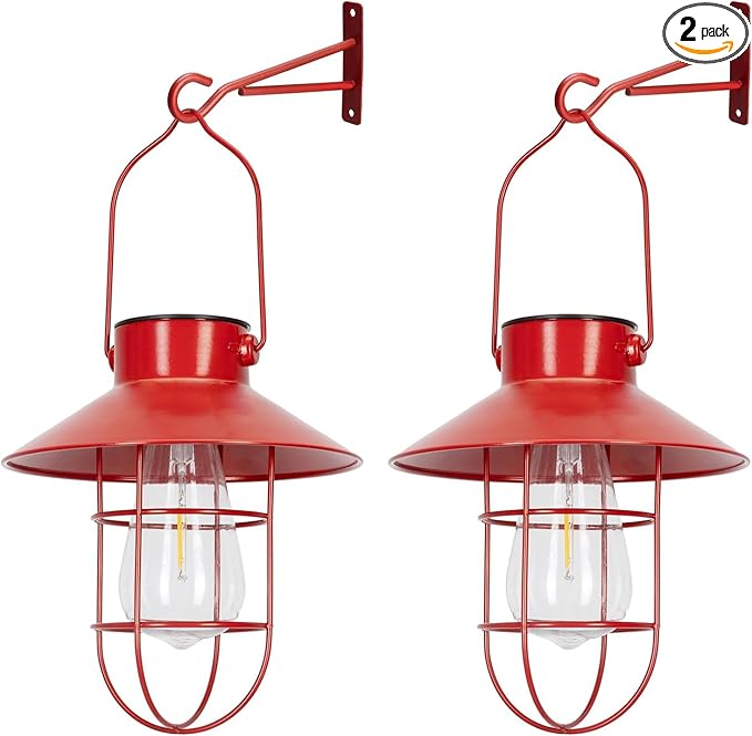 pearlstar Solar Lanterns Outdoor Christmas Metal Solar Powered Hanging Lights Waterproof for Wall Barn Yard Garden Patio Garage Balcony Porch Fence Decor, Warm White Edison Bulb (Red-2pack)