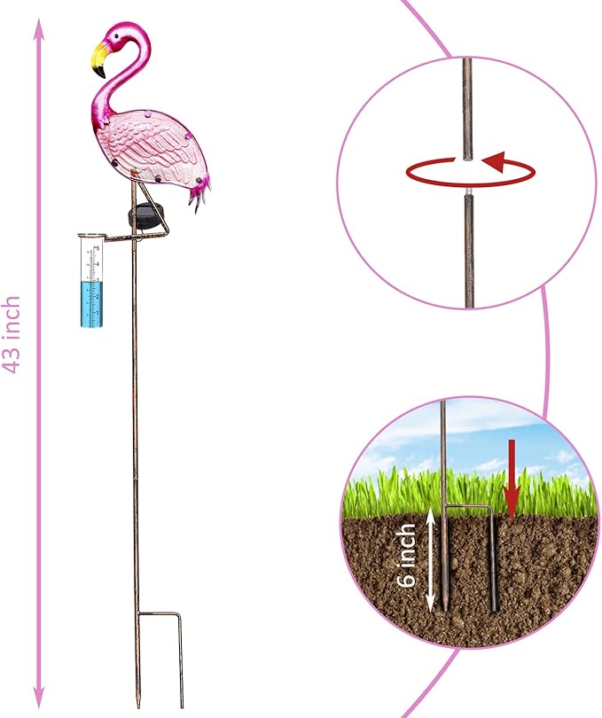 Flamingo Rain Gauge Solar Stake Outdoor, 43’’ Solar Rain Gauge LED Lights with Rainfall Gauge for Garden, Yard, Lawn, Pathway, Patio