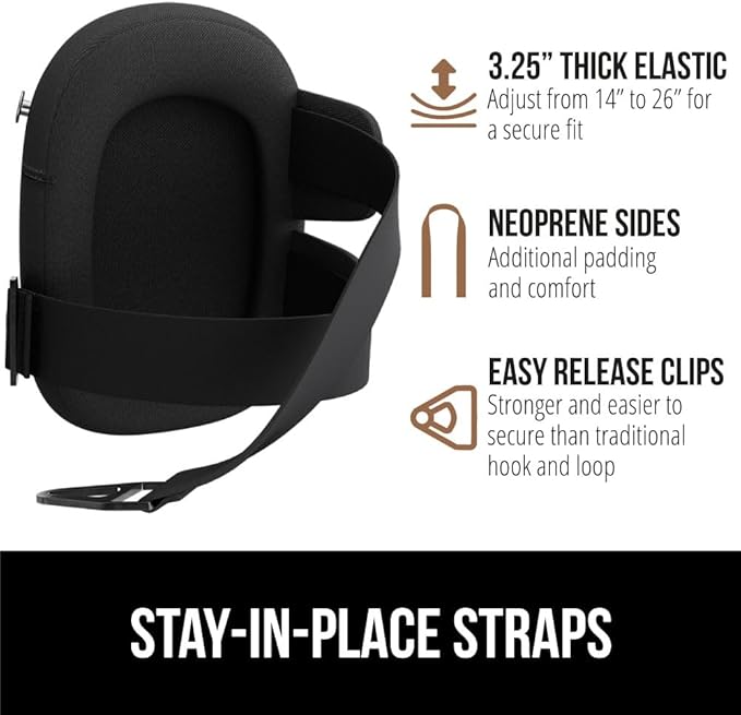 Gorilla Grip Adjustable Safety Knee Pad Set, Heavy Duty Durable Kneeling Pads for Work, Anti Slip Fasteners, Comfortable Gel Padding, Supportive Pads During Construction, Gardening Tool, Black