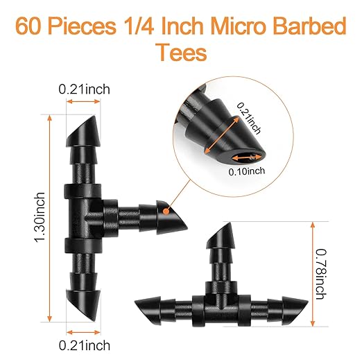 60 Pieces 1/4" Drip Irrigation Tee Fittings：1/4'' Drip Line Double Barbed Tee Connectors for 1/4 Inch Irrigation Tubing Quarter Inch 3-Way T Connector for Irrigation System