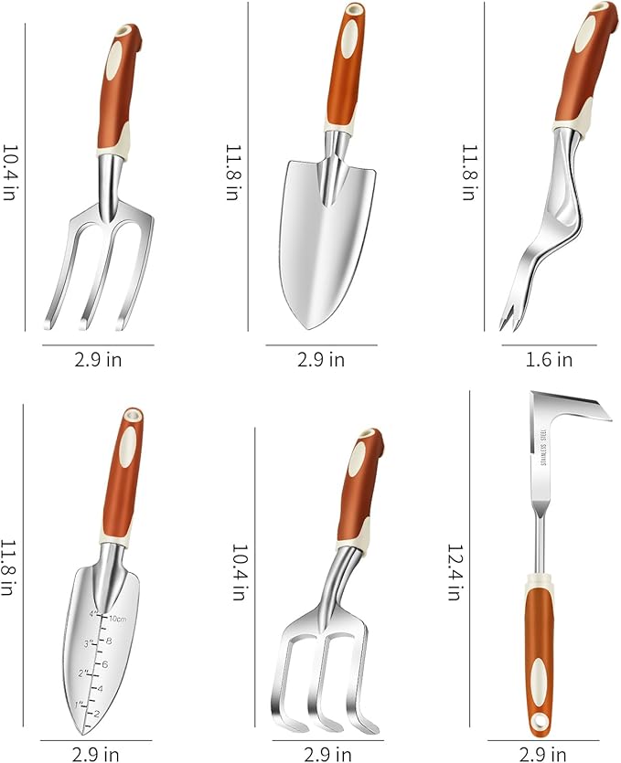 Gardening Tools, 6 Pack Stainless Steel Garden Tool Set with Non-Slip Rubber Grip, Ideal Gardening Gifts for Women