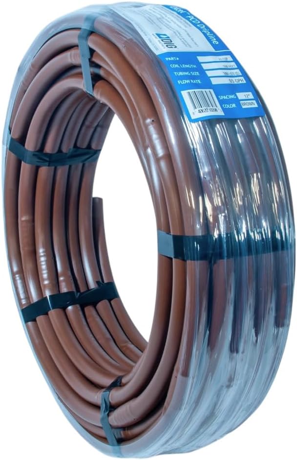 DIG A1-112P 17 MM EXCEL PCD Dripline with two outlets, 100 ft .95 GPH, 12 in. Spacing, for even irrigation uniformity along the dripline (.570 in. ID x .670 in. OD), Brown