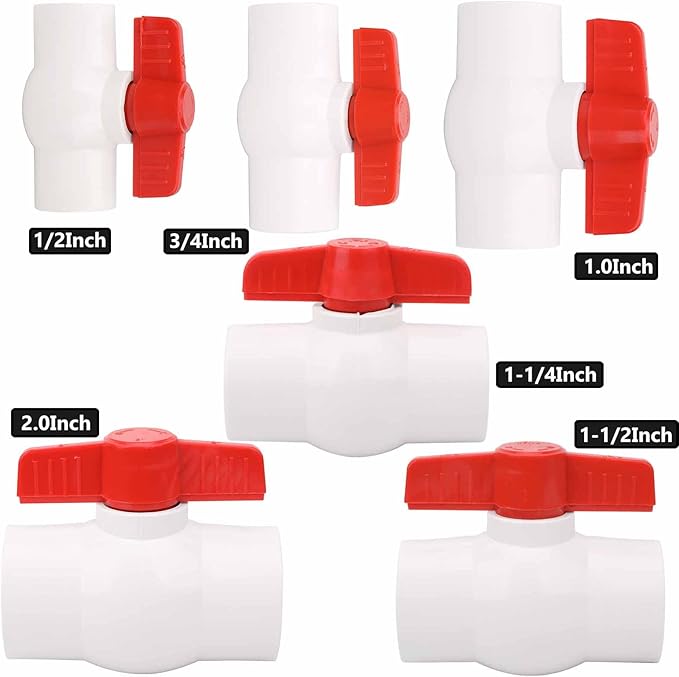 2Pcs 1-1/4" PVC Ball Valve Water Pipe Shut-off Valve Socket with Red T-Handle for Cold Water Supply lines, Irrigation Pipe fitting System(Socket x Socket), Schedule 40