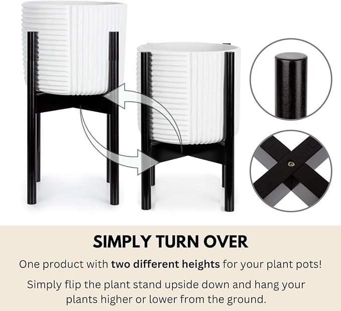 Fox & Fern Adjustable Plant Stand Indoor — 8 to 12 Inch Mid Century Bamboo Plant Stand with Adjustable Width; Plug In Design; Easy to Assemble; Two Height Options - For 8, 9, 10, 11 & 12 Inch Pots