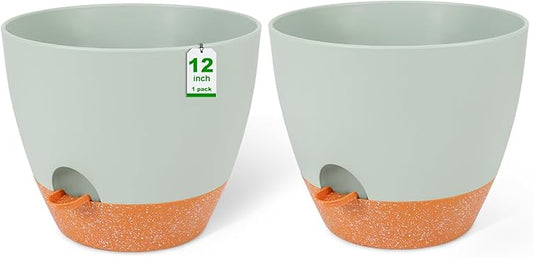 GARDIFE 12 inch planters, Plant Pots,Self Watering Pots, 2 Pack Large Plastic Flower pots with Deep Reservior and High Drainage Holes for Indoor Outdoor Plants and Flowers, Green