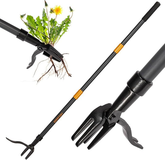 DEERFAMY Stand Up Weed Puller Tool with Long Handle, Garden Weeder Tool with 4-Claw Steel Head Design, Manual Weeder with 3-Metal Structure, Effortless Weeding Without Bending, for Dandelions, Orange