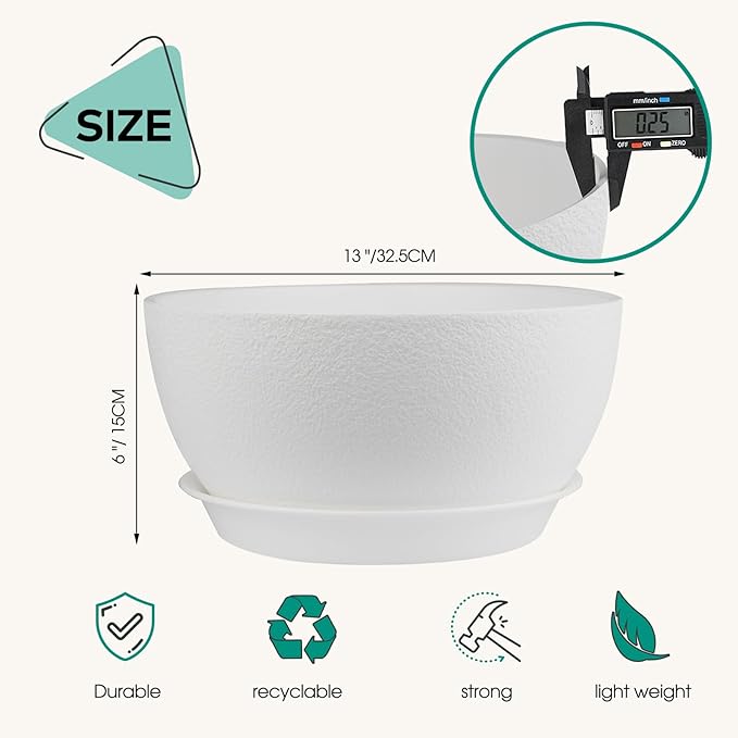 13 inch Plant Pots Pack of 2, Plastic Planter with Drainage Holes and Saucers, Plant pots for Indoor Outdoor Use, Flower Pots for All House Plants (White)