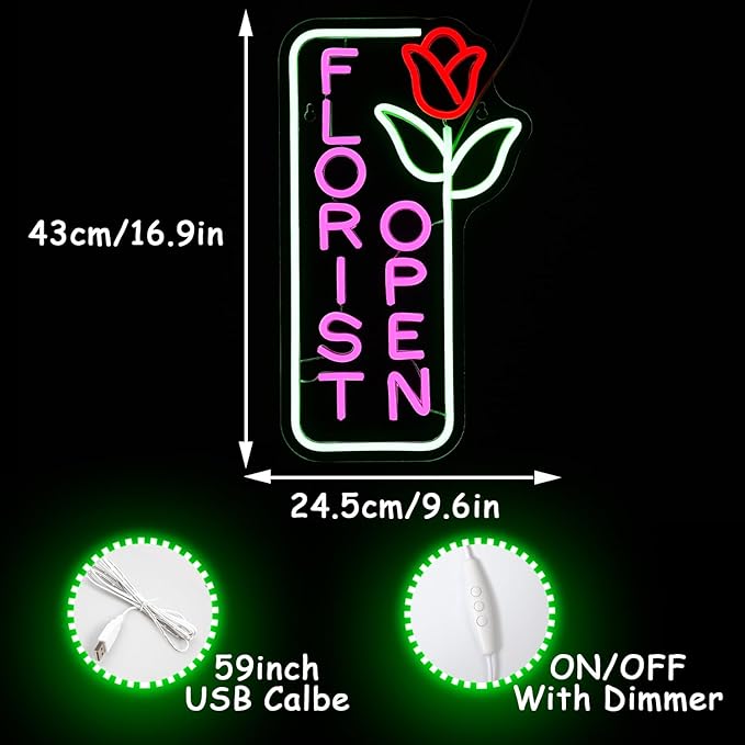 Florist Neon Sign for Business Open Neon Light Flower LED Neon Signs Colorful LED Neon Light for Flower Shop Supermarket Store Decoration