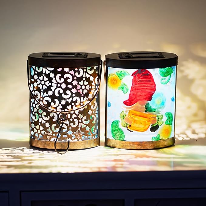 2 Pack Gnome Hanging Solar Lantern Decorative Glass LED Solar Lanterns Outdoor Waterproof for Garden Yard Patio