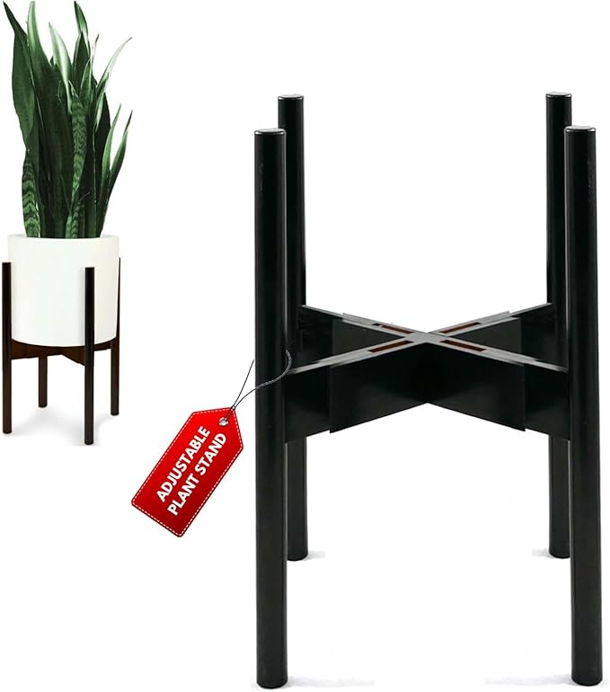 Fox & Fern Adjustable Plant Stand Indoor — 8 to 12 Inch Mid Century Bamboo Plant Stand with Adjustable Width; Plug In Design; Easy to Assemble; Two Height Options - For 8, 9, 10, 11 & 12 Inch Pots