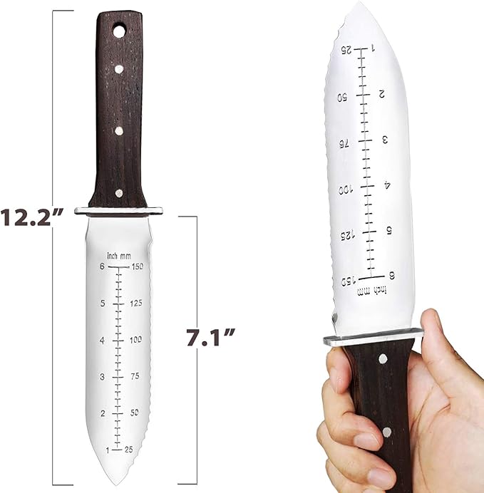 gonicc Professional Hori Hori Garden Knife with Leather Sheath, Protective Handguard, High polished 440 Stainless Steel Blade, Sharpening Stone Included, for Weeding, Digging, Pruning, and Cultivating