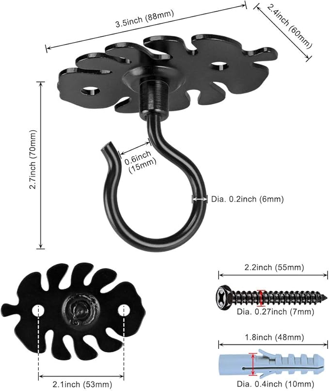 Dolibest Wall Mount Ceiling Hooks,Plant Hooks for Ceiling Metal Plant Bracket Iron Wall Mount Lanterns Hangers Hooks for Hanging Plants Lights, Outdoor Wire, Fairy Lights, Wind Chimes, Black(2PCS)