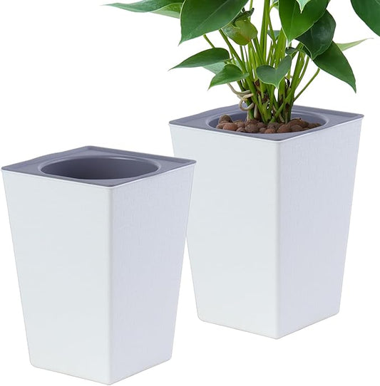 2 Pieces 6 Inch Self Watering Planter, Plastic Flower Pots with Inner Pot Indoor Plants Brick Pattern Flowerpot for Indoor Plants, African Violets, Flowers, Herbs (White)