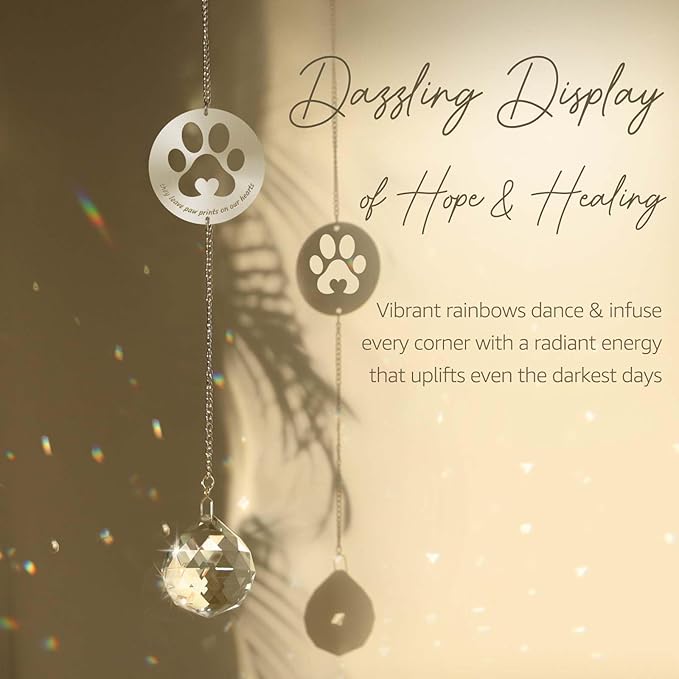 Dog Memorial Gifts, Unique Loss of Pet Sympathy Idea, Clear Crystal Ball Rainbow Suncatcher with Paw Print for Cat or Dog Remembrance and Bereavement