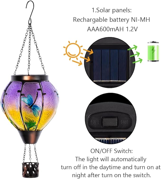 Starsoul Dragonfly Hot Air Balloon Solar Lantern Outdoor Glass Hanging Hot Air Balloon Lantern with Flame Light Waterproof for Patio Pathway Yard Porch Backyard Decor