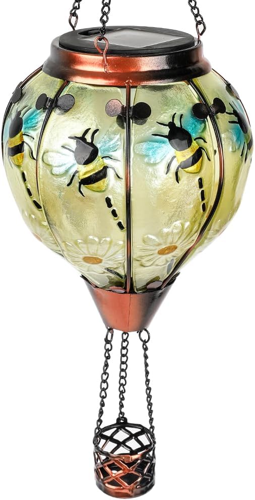 Hot Air Balloon Solar Lantern with Flickering Flame, Glass Hanging Garden Lights Outdoor Waterproof for Tree Yard Patio Mother's Day Gift, 18" H Bee