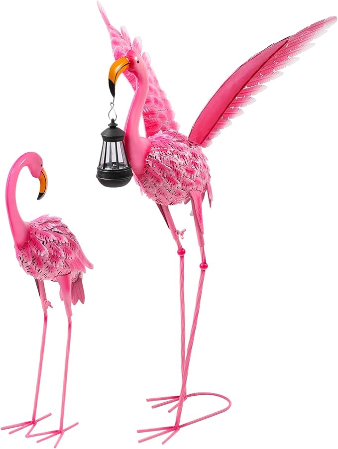 Garden Statues Flamingo Sculptures Metal Yard Art, Pink Bird Art Outdoor Backyard Decor Patio Lawn Porch Ornament Flamingo Yard Decoration (Sun and Moon)