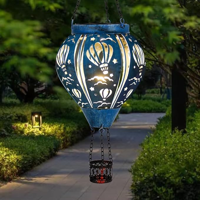 Hot Air Balloon Solar Lantern, Hollow Out Solar Powered Hot Air Balloon Lantern Outdoor Waterproof, Blue Metal Hanging Hots Airs Balloons Solars Light for Outdoor Patio Garden Decor