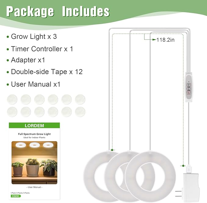 LORDEM Ceiling Grow Light for Indoor Plants, 144 LEDs Full Spectrum LED Plant Light, 5V Plant Lamp with 4/8/12H Auto Switch, 4 Dimmable Brightness Levels, Ideal for Small Plants, Tri Head, Corded