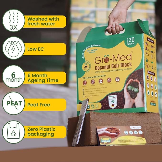 Gro-Med Coco Coir Block - 10lb, Coir Fiber Brick Enriched NPK Expands Upto 80 Quarts - Organic Potting Soil for Flowers, Herbs, Low EC Planting - Growing Medium for Gardening - Seed Starter Soil