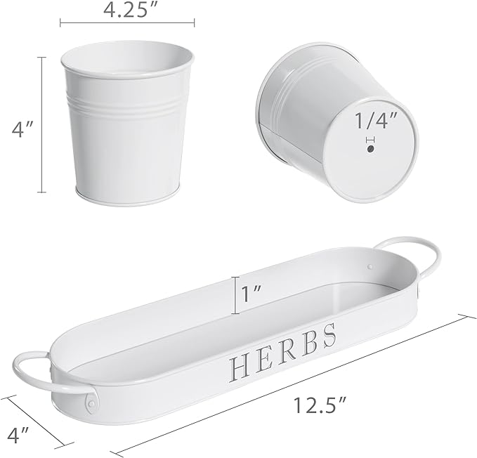 Barnyard Designs Indoor Herb Garden Planter Set with Tray, Metal Windowsill Plant Pots with Drainage for Outdoor or Indoor Plants, Set/3 (White)