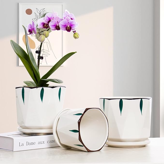 7 5 4 inch Plant Pots for Indoor, Hand Painting Ceramic Flower Planter Outdoor Set of 3 with Drainage and Saucer, Succulent Pots for Mom Family