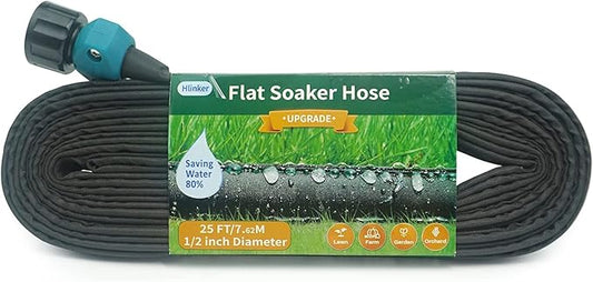 Flat Soaker Hose 15 25 50 75 FT for Garden Beds, 25Ft 1/2" Linkable Consistent Drip Irrigation Hose Save 80% Water, Leakproof Heavy Duty Double Layer Sprinkler Hose