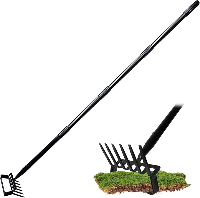 6-Tines Rake and Stirrup Hoe - Adjustable Long Handle Scuffle Loop Hula Action Hoe for Weeding, Digging, Loosening Soil, Stainless Steel Tiller Cultivator for Gardening, Raised Flower Beds Planting.